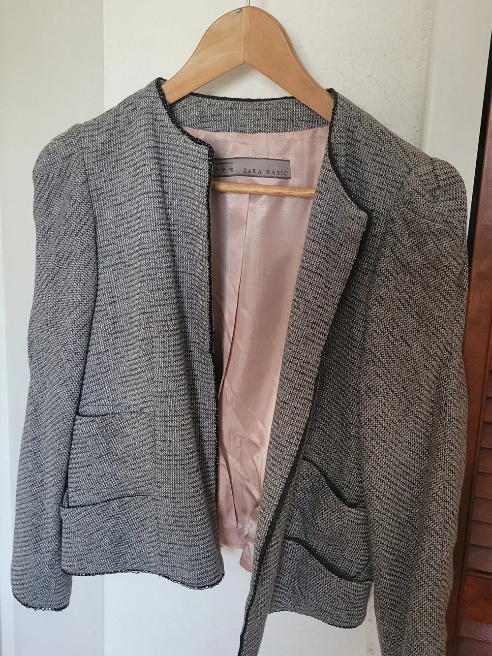Zara Black and Gray Tweed Collarless Blazer